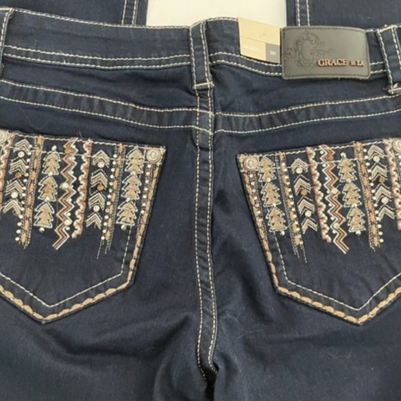 GRACE in LA | Dark Denim Detail Embellishment Bootcut Jeans ~ Size 30 ~ BNWT - Picture 5 of 12